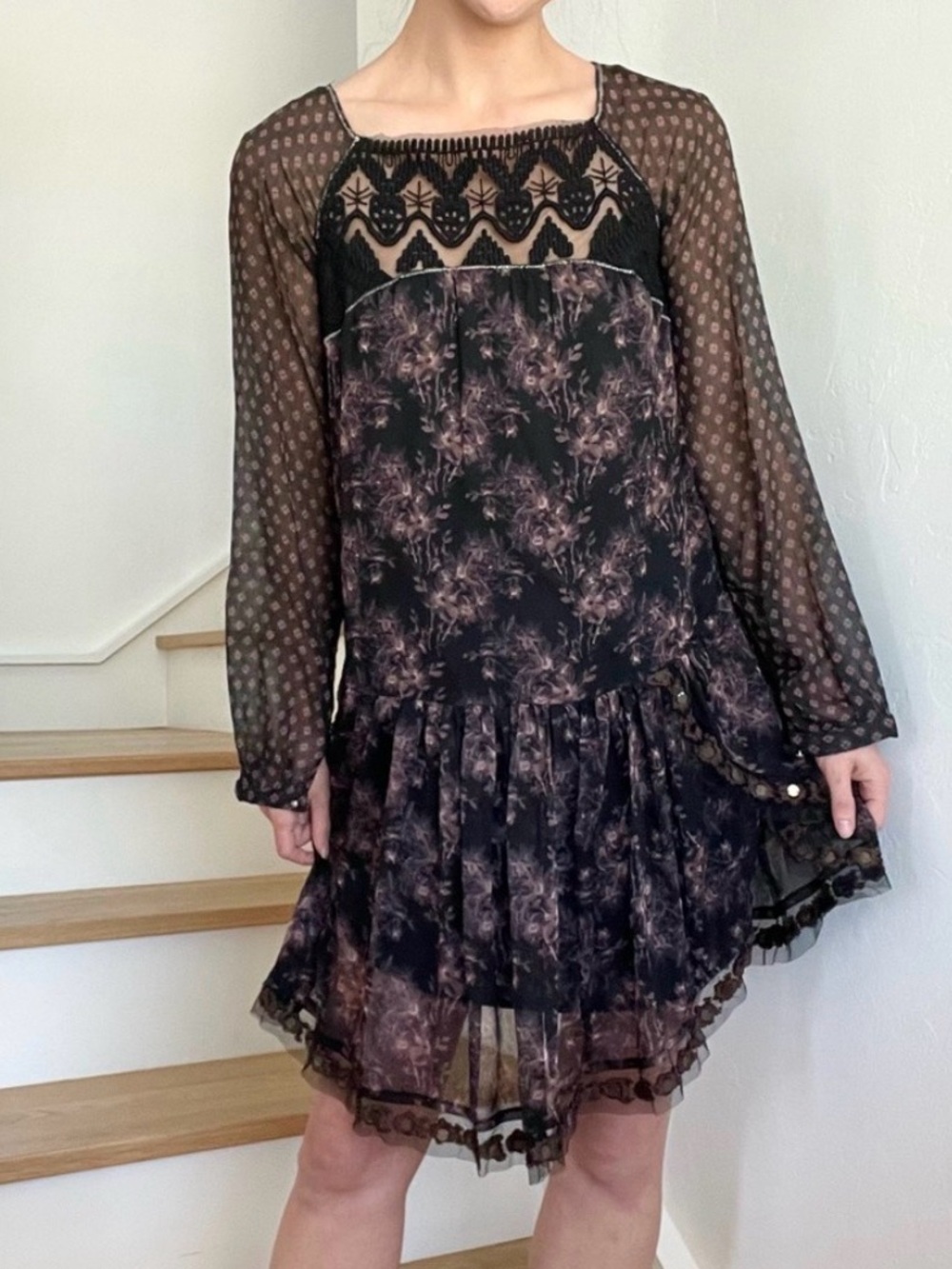 Free People Black Floral Tiered Mini Dress